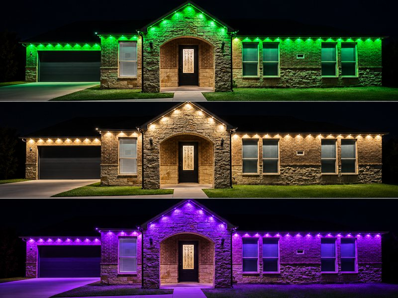 A brick ranch home shown three times in green, warm white and purple permanent roofline lighting